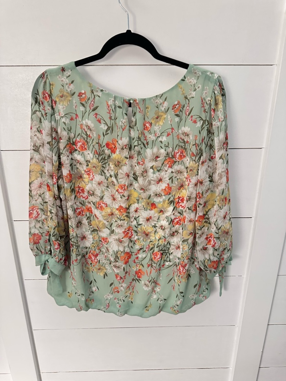 Roz and Ali 1X Floral 3/4 bow green-pink tulip plus size elastic waist top boho - Picture 3 of 14